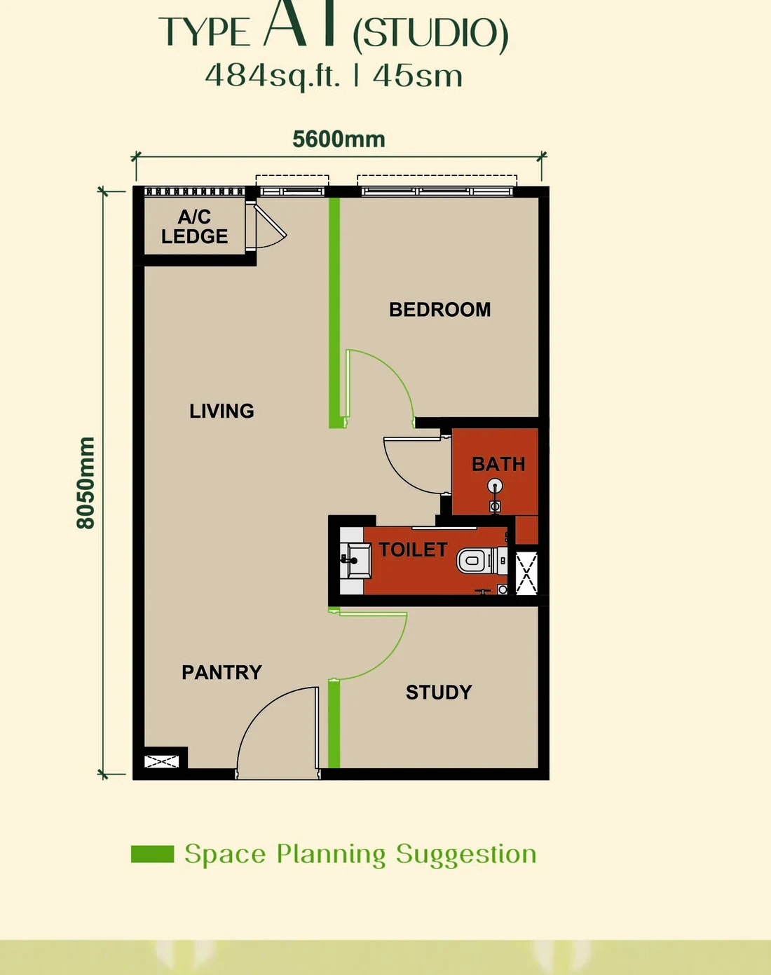 Floor plan of Type A1 studio, 484 sq ft