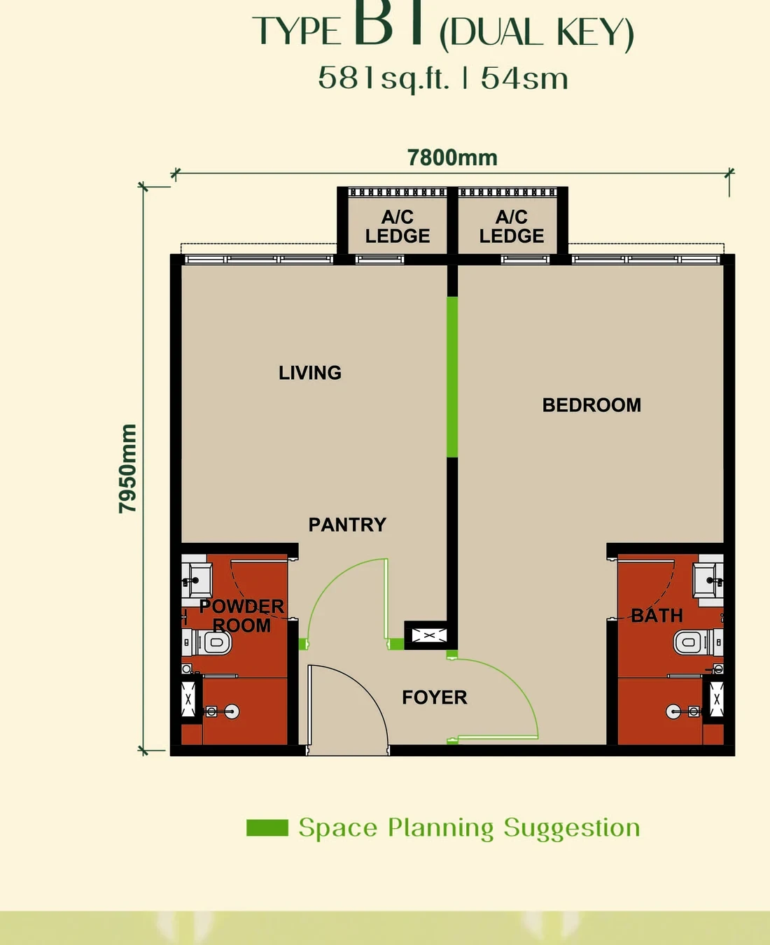 Floor plan of Type B1 dual-key, 581 sq ft