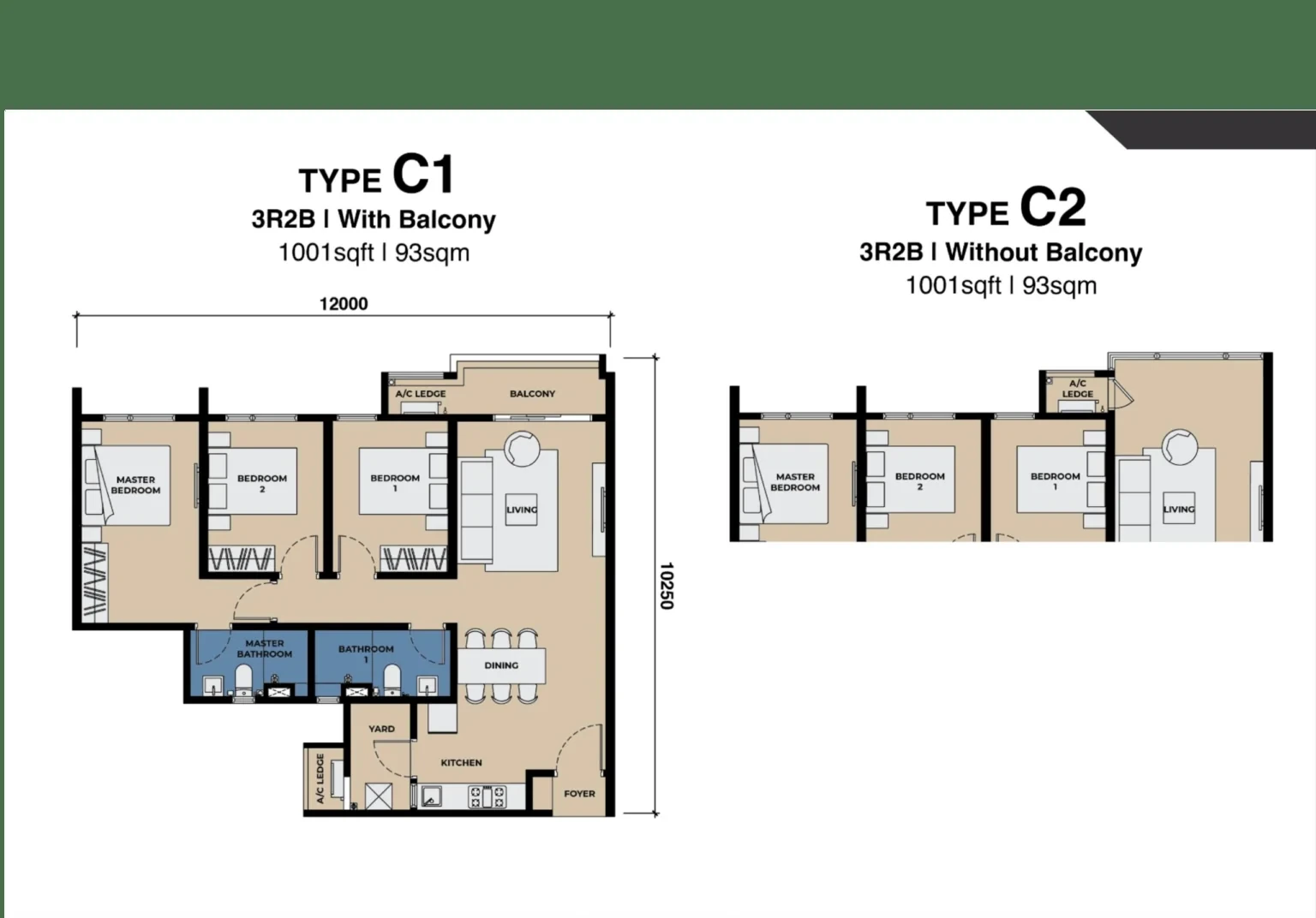 Floor plan of Type C, 1,001 sq ft