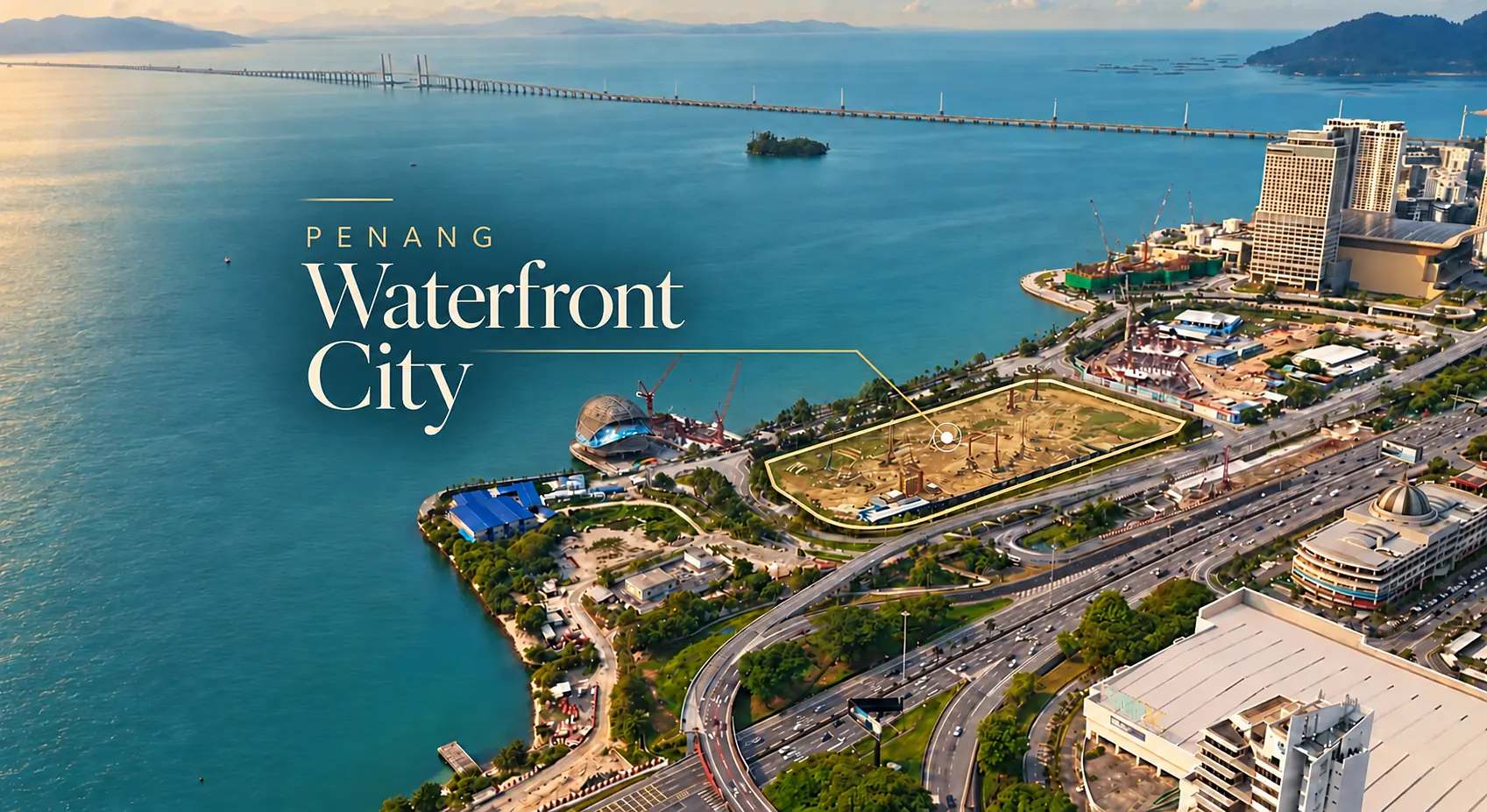 Aerial view of the Gelugor seafront with the Phase 2 site outlined and the Penang Bridge behind