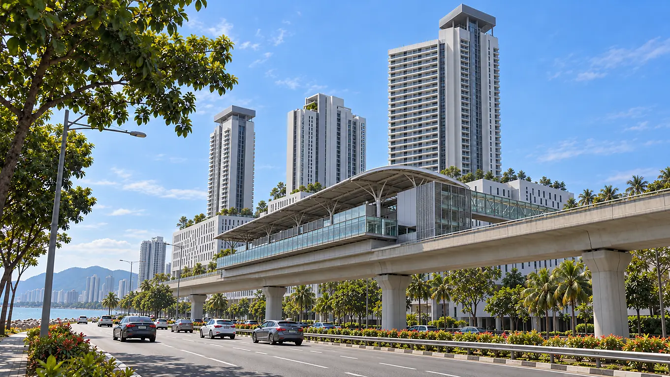 Illustration of an elevated LRT station over the seafront expressway at the foot of a tower